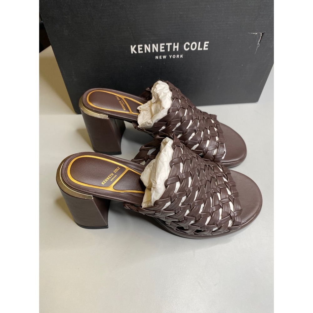 Kenneth Cole New York Solara Dark Brown Woven Leather Block Heel Mules KL25SOA02